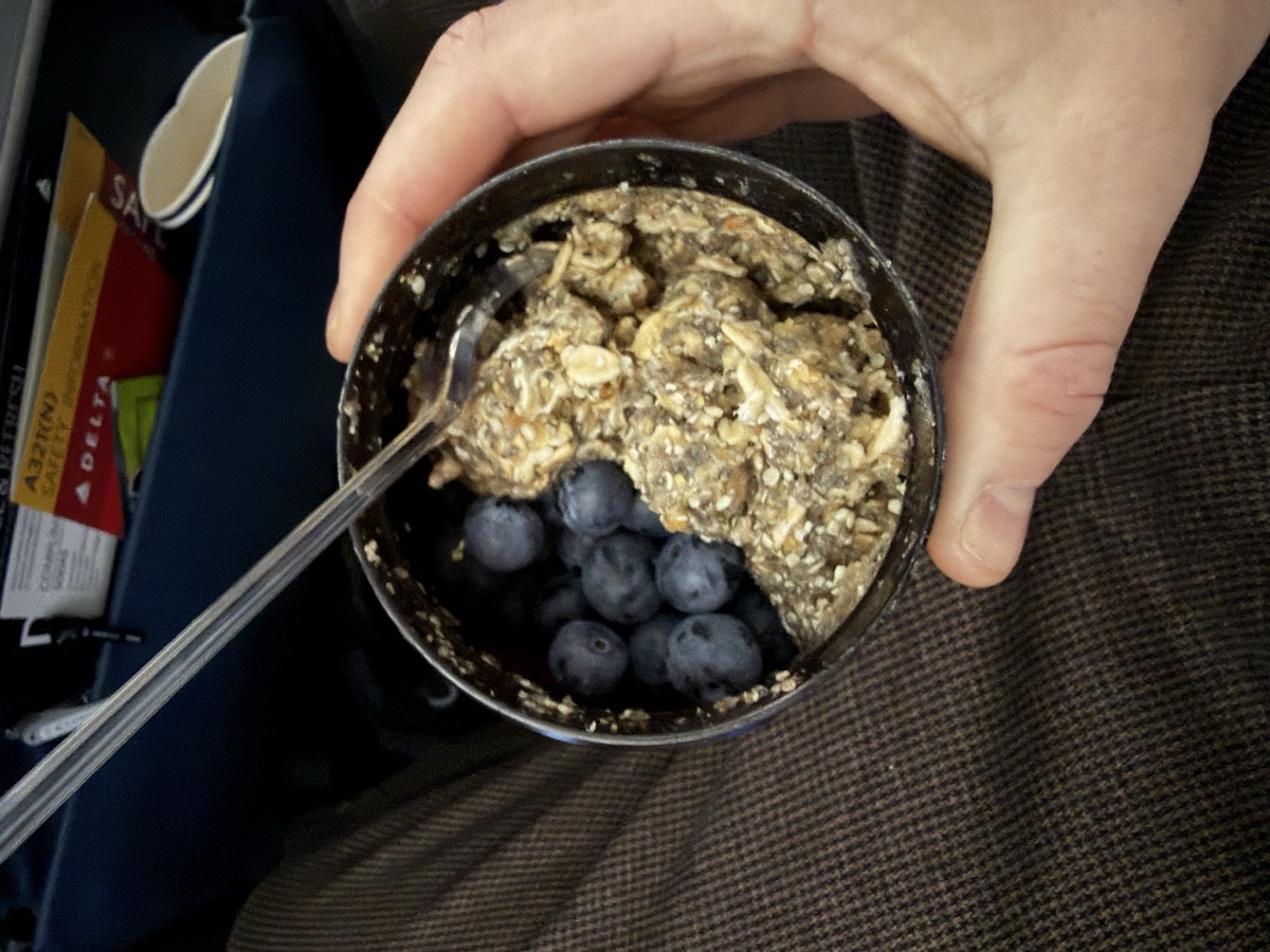 sludge with blueberries in a bowl on an airplane tray