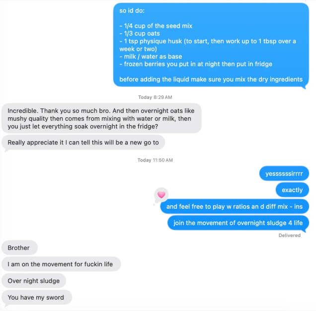 text messages: the sludge formula being shared, incredible thank you so much bro, join the movement of overnight sludge 4 life, you have my sword